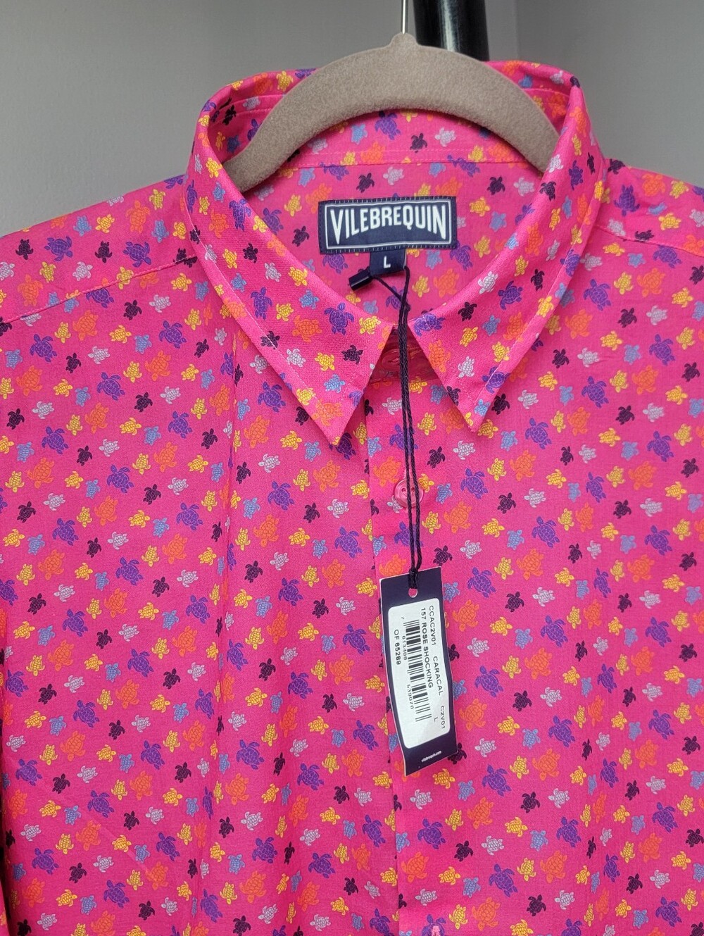 Vilebrequin Shirt Top Mens LG Pink Fushia Turtle Print Light Cotton Long Sleeve